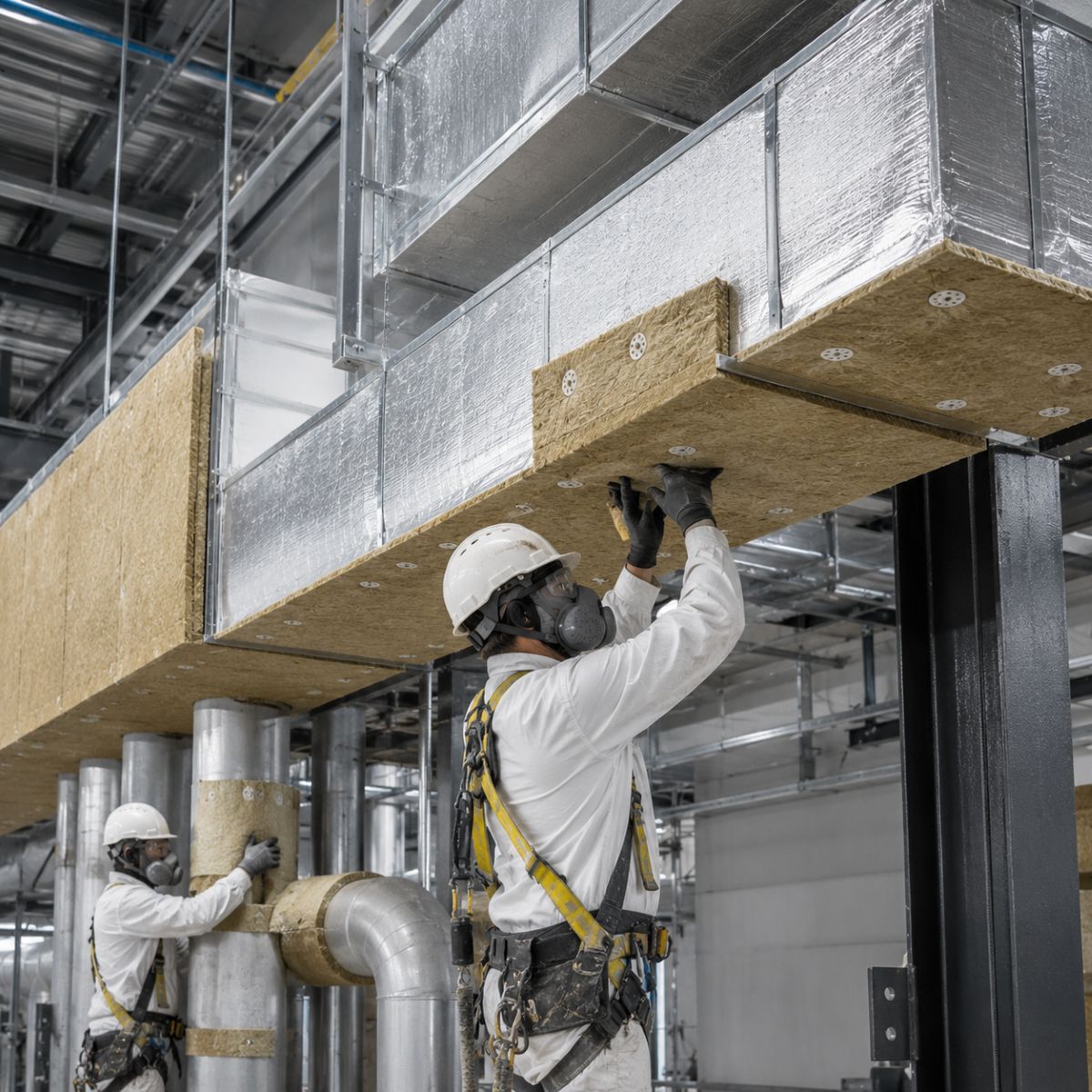 Instalación profesional de sistemas de aislamiento ignífugo para estructuras, ductos e instalaciones industriales como parte de una estrategia de protección pasiva contra incendio.