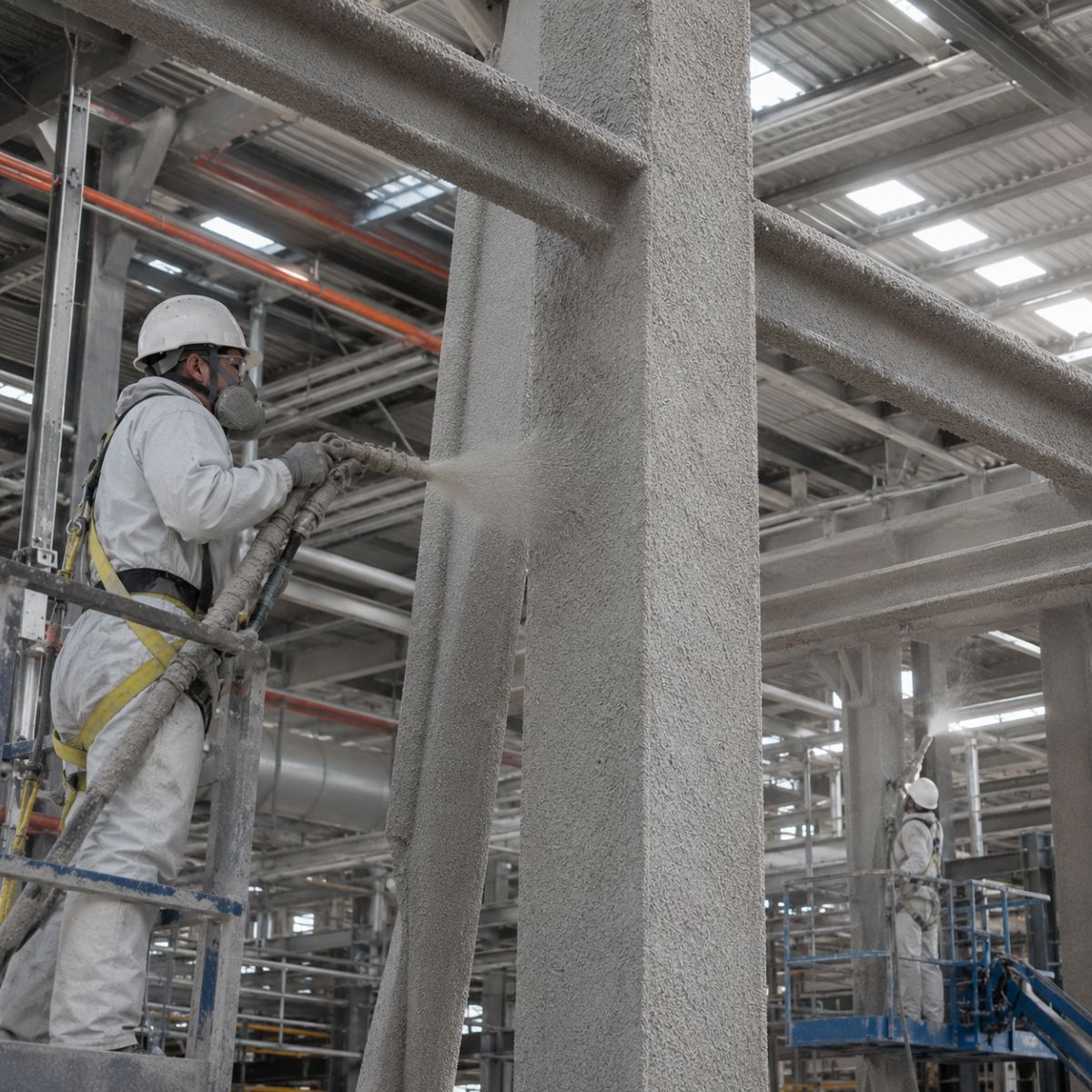 Aplicación profesional de mortero ignífugo de lana de roca sobre estructura metálica para protección pasiva contra incendio en instalaciones industriales.