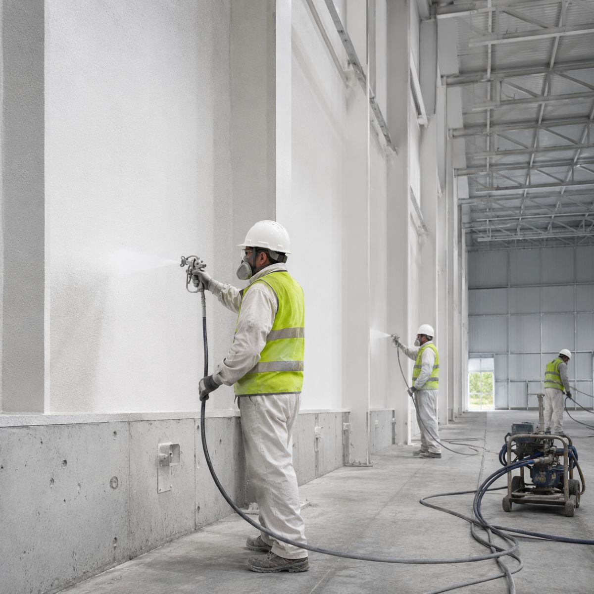 Aplicación profesional de pintura ignífuga sobre superficies constructivas para protección pasiva contra incendio en edificio industrial.