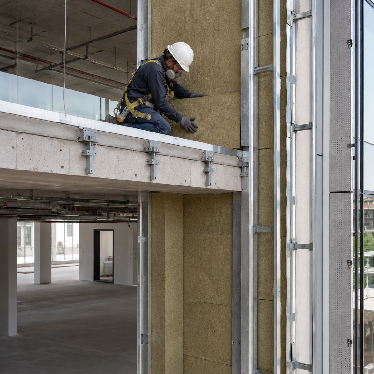 Instalación profesional de barreras cortafuego para compartimentación contra incendio en edificio corporativo con sistemas certificados de protección pasiva.