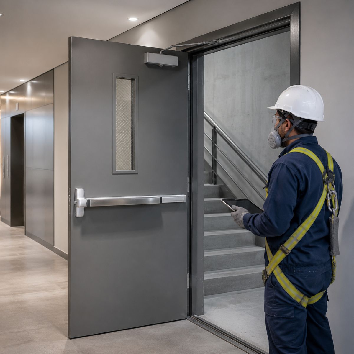 Puerta cortafuego metálica certificada instalada como sistema de compartimentación para protección pasiva contra incendio en edificio corporativo.