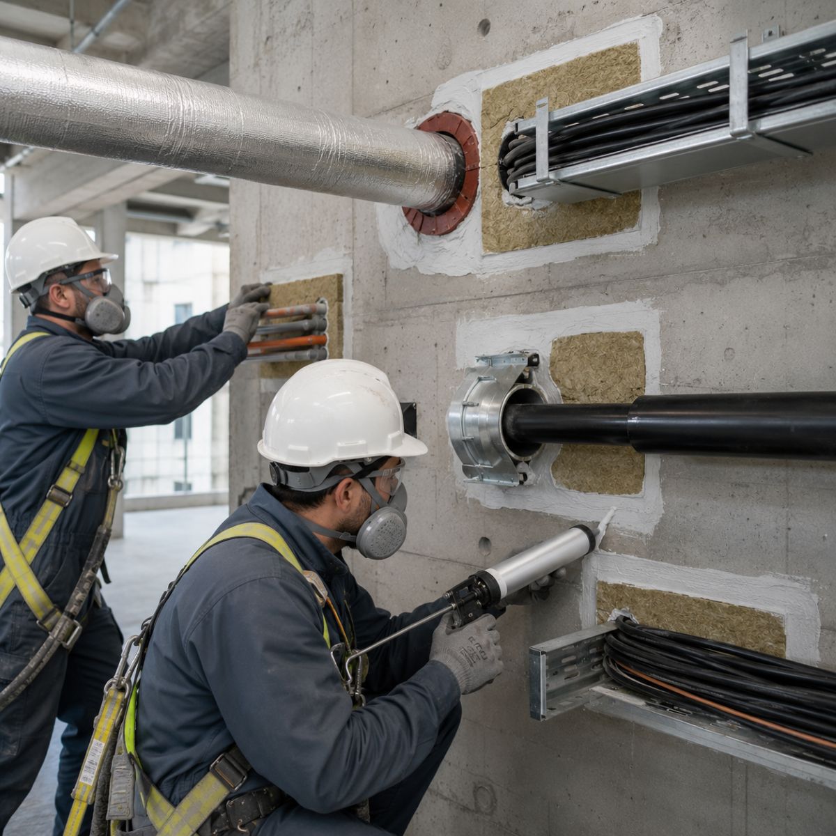 Instalación profesional de sellados ignífugos en penetraciones de tuberías y cableado para conservar la compartimentación contra incendio.